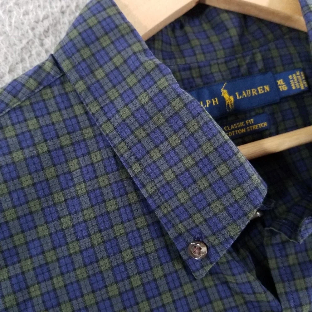 Ralph Lauren Shirt Mens XL Navy Plaid Classic Fit Button Down Cotton Stretch